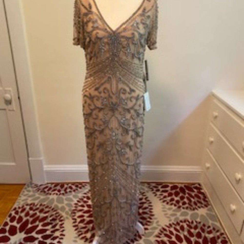 Beaded Mesh Column Gown NWT